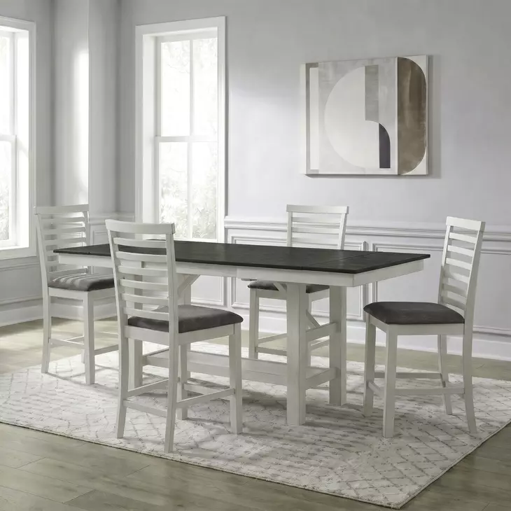Bayview Textured White and Carbon Gray Upholstered 5 Piece Extendable Gathering Dining Set