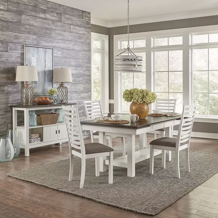 Bayview Textured White and Carbon Gray Upholstered 5 Piece Extendable Dining Set