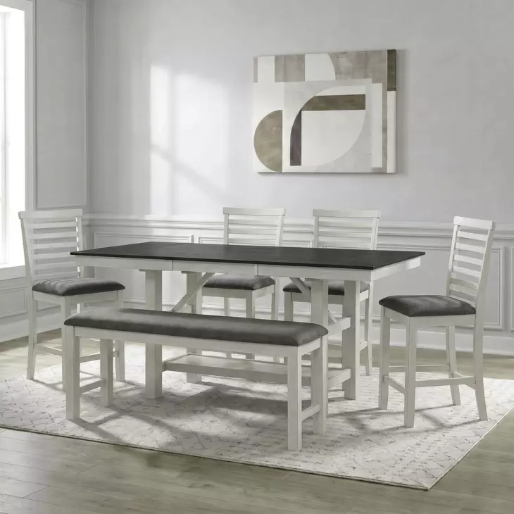 Bayview Textured White and Carbon Gray Upholstered 6 Piece Extendable Gathering Set