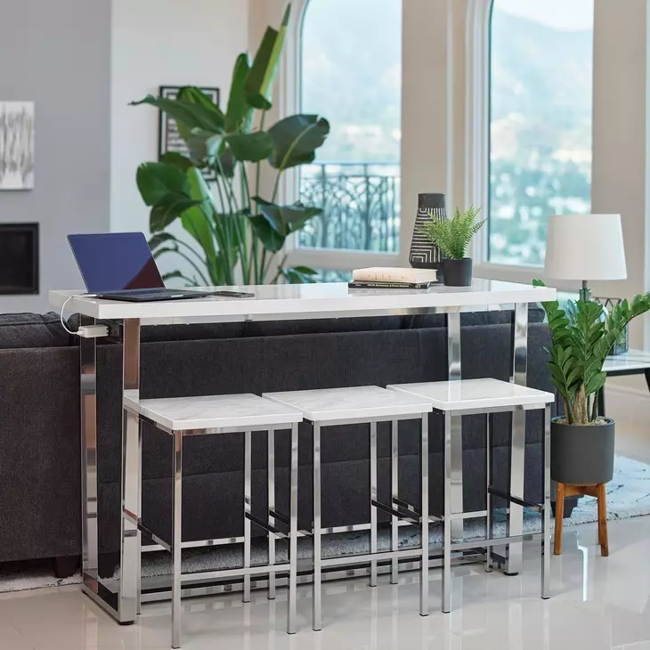Marmot White Marble And Chrome 4 Piece Counter Height Dining Table Set