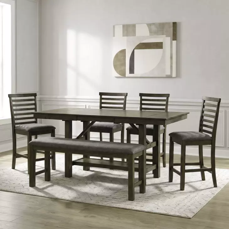 Bayview Sandstone and Gray Upholstered 6 Piece Extendable Gathering Dining Set