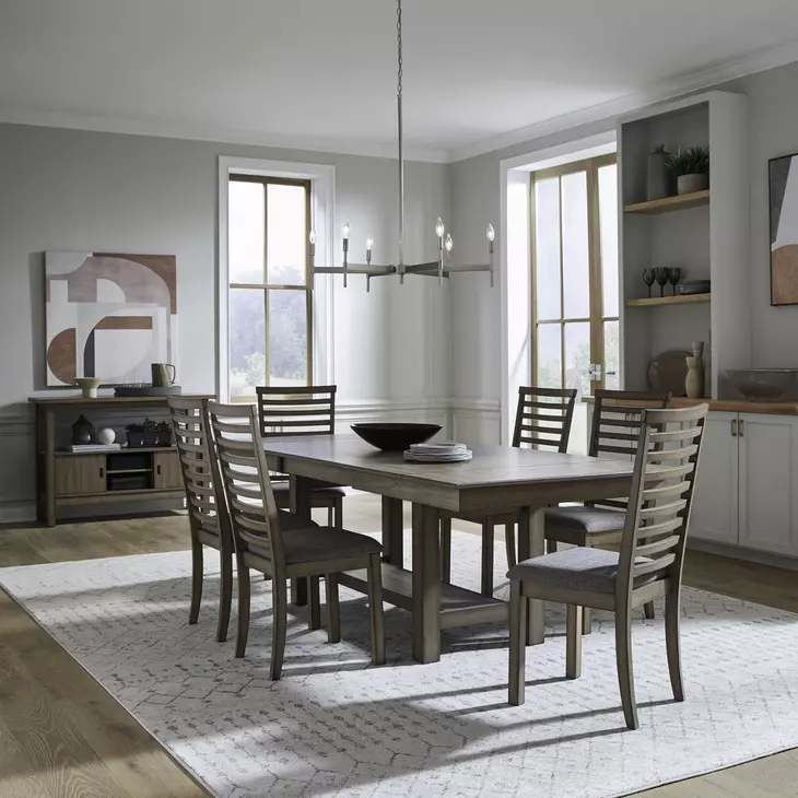 Bayview Sandstone and Gray Upholstered Extendable Trestle Base Dining Table