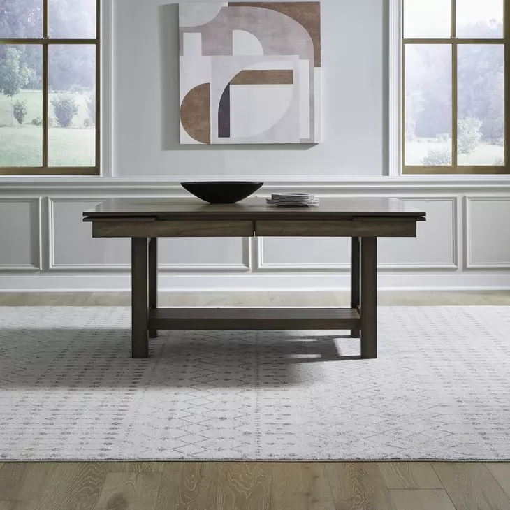 Bayview Sandstone and Gray Upholstered Extendable Trestle Base Dining Table