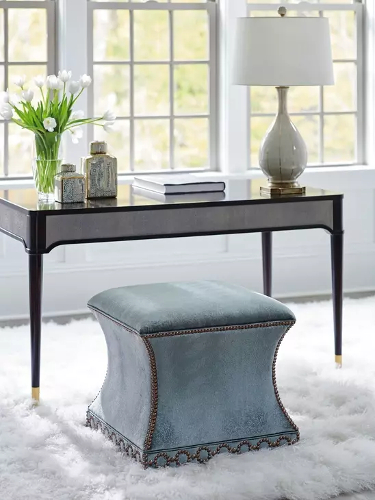 Merino Carlyle Green Upholstered Square Ottoman with Nailhead Trim