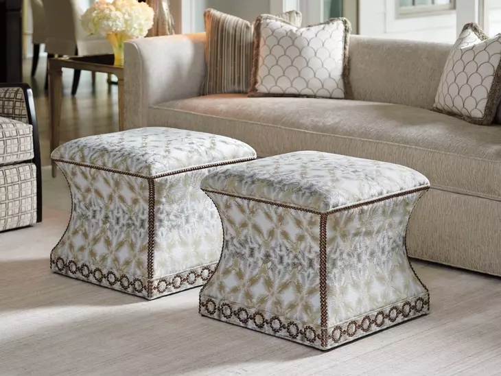 Merino Carlyle Beige Upholstered Square Ottoman with Nailhead Trim