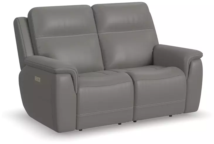 Sawyer Light Gray Leather Power Reclining Loveseat With Power Headrest And Lumbar