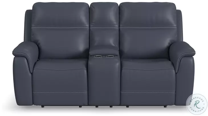Sawyer Marine Blue Leather Power Reclining Console Loveseat With Power Headrest And Lumbar