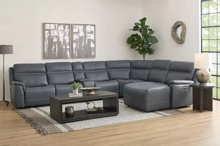 Sawyer Marine Leather 7 Piece Modular Zero Gravity Power Reclining Sectional with Power Lumbar and USB Charging