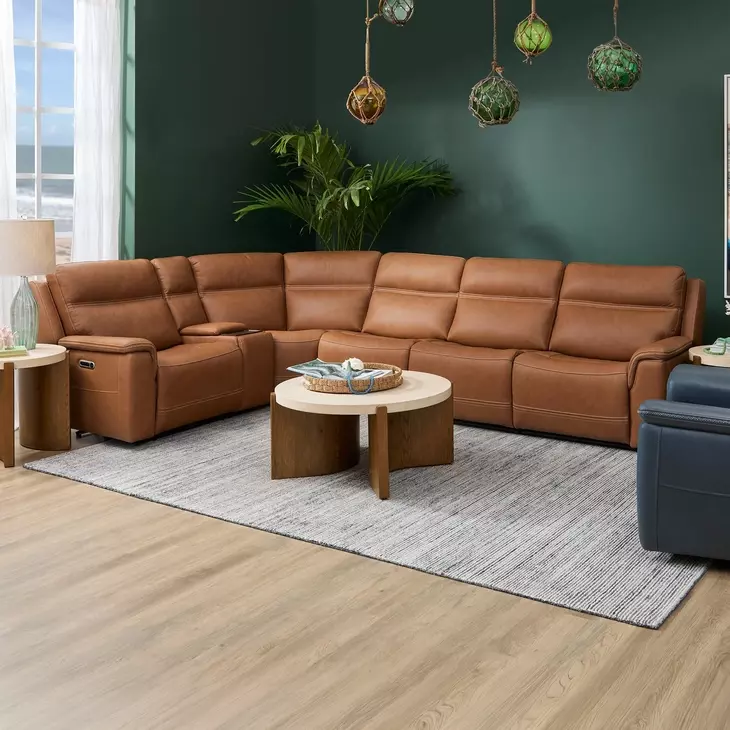 Sawyer Harvest Leather 6 Piece Modular Zero Gravity Power Reclining Sectional with Power Lumbar and USB Charging