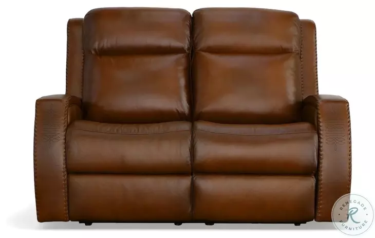 Mustang Brown Leather 60" Power Reclining Loveseat With Power Headrest And Footrest