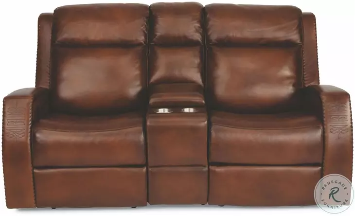 Mustang Brown Leather Power Reclining Console Loveseat With Power Headrest And Footrest