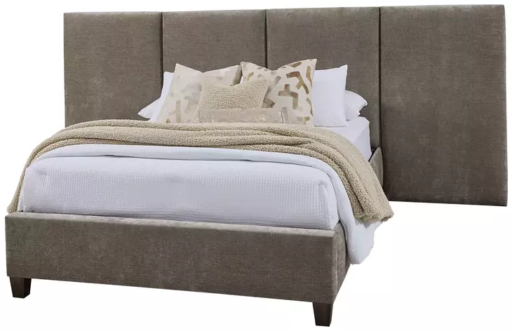 Joinery Espresso Oak and Brindle Gray Performance Fabric Queen Upholstered Wall Panel Bed
