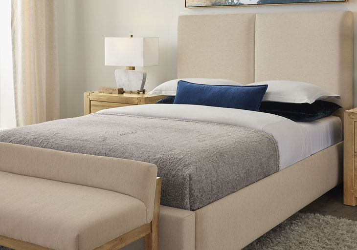 Joinery Espresso Oak and Ivory Cream Performance Fabric King Upholstered Panel Bed