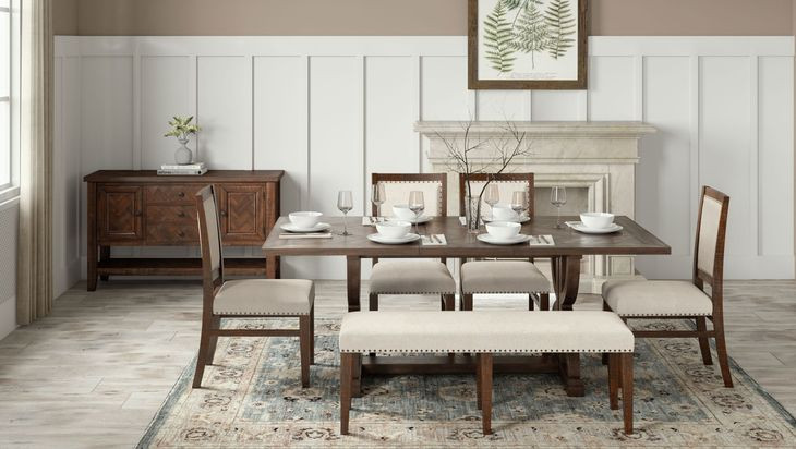 Fairview Oak and Beige Upholstered 6 Piece Dining Set with Bench and Nailhead Trim