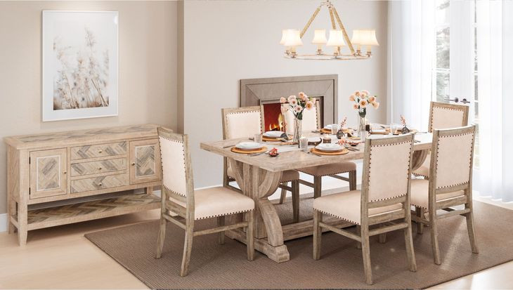 Fairview Ash and Beige Upholstered 7 Piece Dining Set with Nailhead Trim