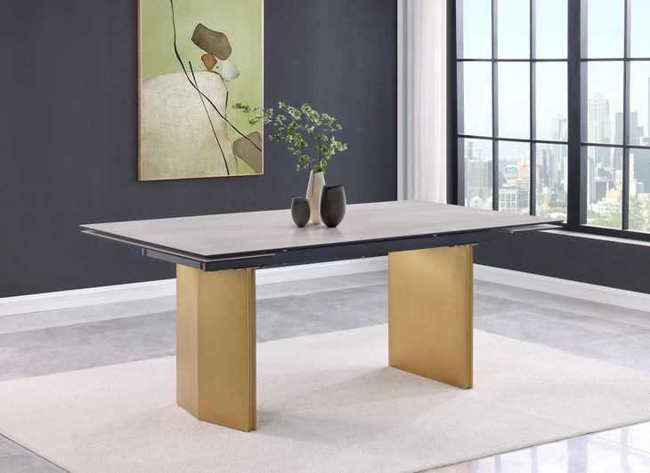 Vesa Beige and Brushed Gold 79" Glass Top Extendable Dining Table