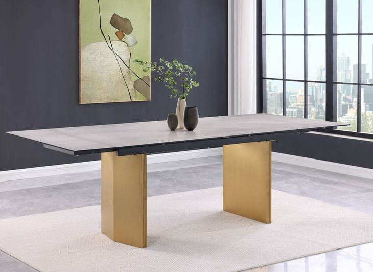 Vesa Beige and Brushed Gold 79" Glass Top Extendable Dining Table