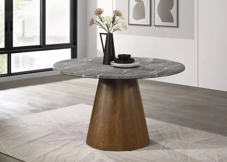 Franklin Gray and Dark Oak Round Marble Top Dining Room Set
