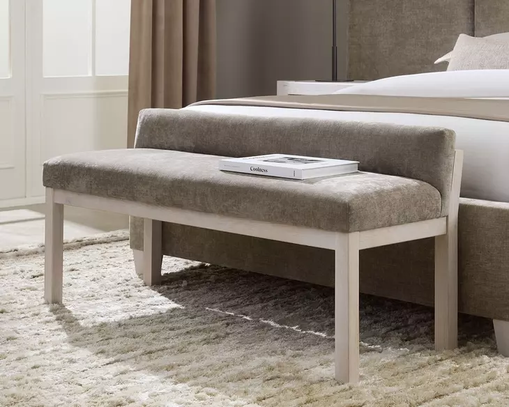 Joinery Washed White Oak and Brindle Gray Performance Fabric Upholstered Bed Bench