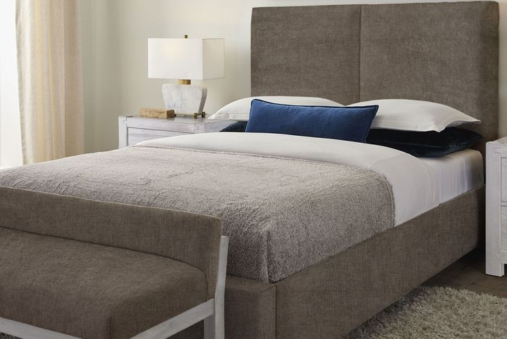 Joinery Espresso Oak and Brindle Gray Performance Fabric Queen Upholstered Panel Bed