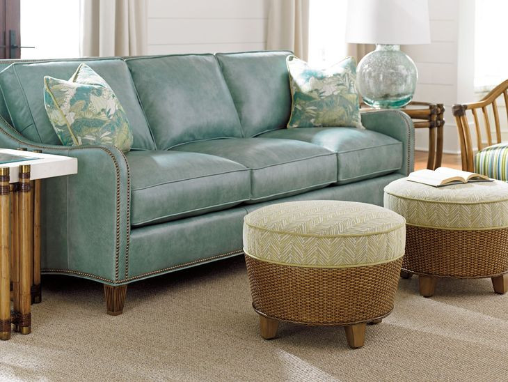 Twin Palms Koko Green Leather 85" Sofa with Nailhead Trim