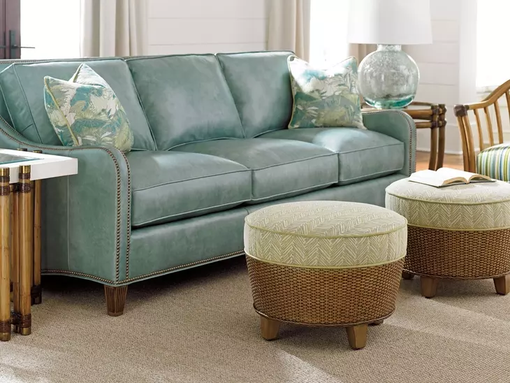 Twin Palms Koko Green Leather 85" Sofa with Nailhead Trim