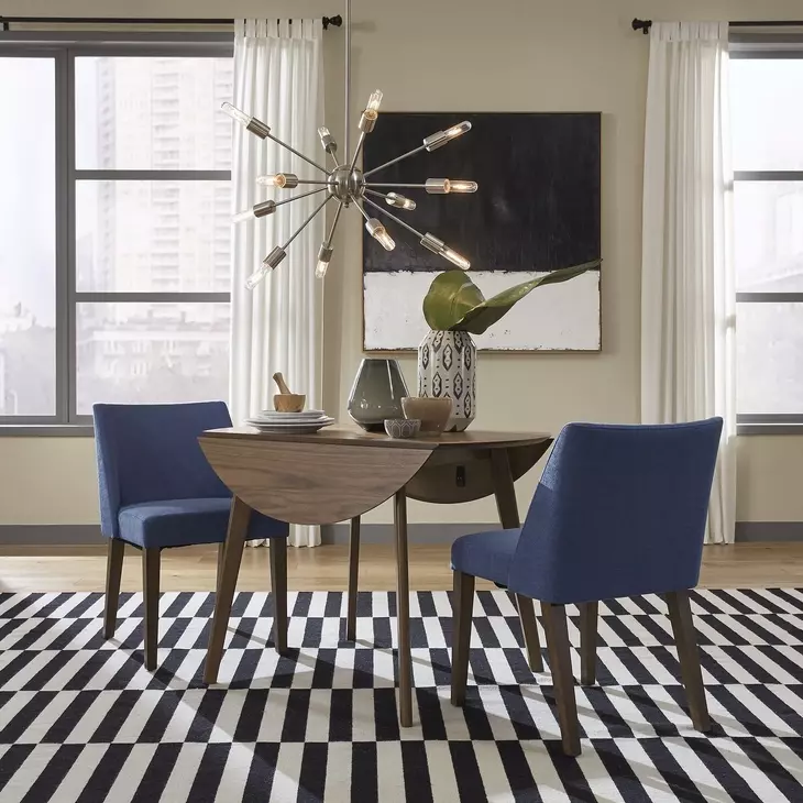 Space Savers Satin Walnut and Denim Blue Upholstered 3 Piece Extendable Drop Leaf Dining Set