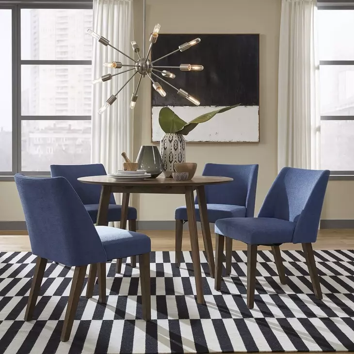 Space Savers Satin Walnut and Denim Blue Upholstered 5 Piece Extendable Drop Leaf Dining Set