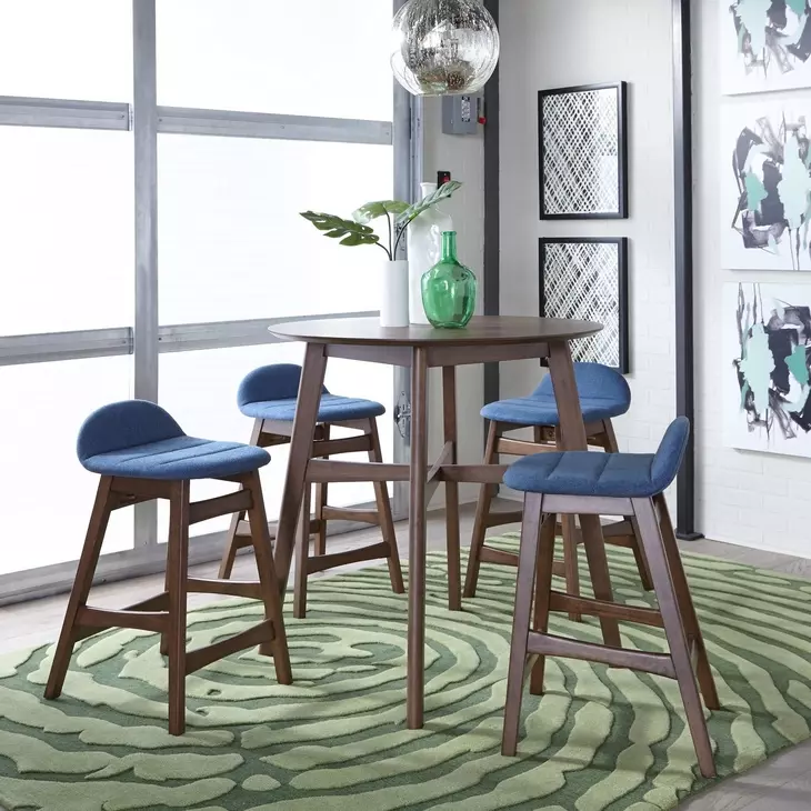 Space Savers Satin Walnut and Denim Blue Upholstered 5 Piece Gathering Dining Set