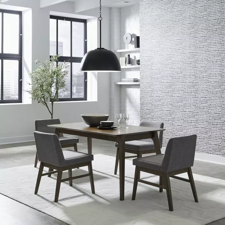 Space Savers Satin Walnut and Gray Upholstered 5 Piece Extendable Leg Base Dining Set