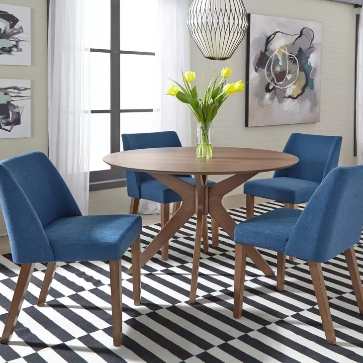Space Savers Satin Walnut and Denim Blue Upholstered 5 Piece Pedestal Base Dining Set
