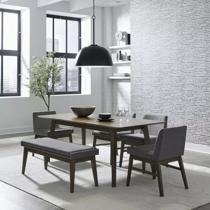 Space Savers Satin Walnut and Gray Upholstered 6 Piece Extendable Leg Dining Set