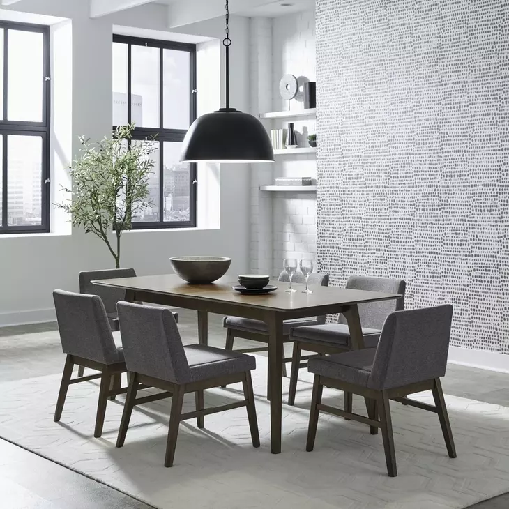 Space Savers Satin Walnut and Gray Upholstered 7 Piece Extendable Leg Dining Set