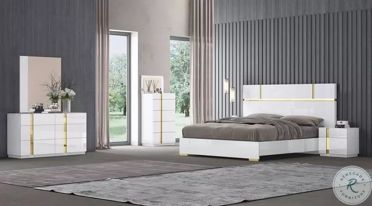 Kyoto White and Gold Lacquer Queen Platform Bed