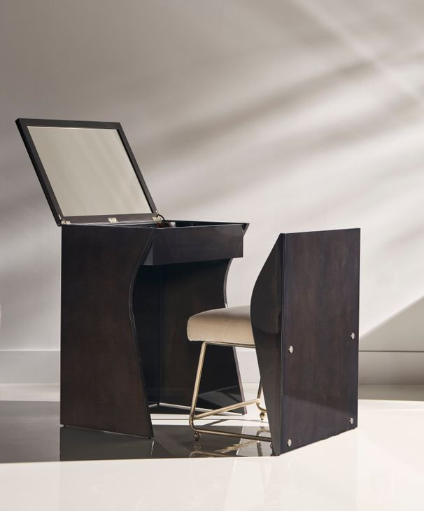 Kismet Otter Gloss and Ivory Upholstered Vanity with Rectangular Mirror and Chair
