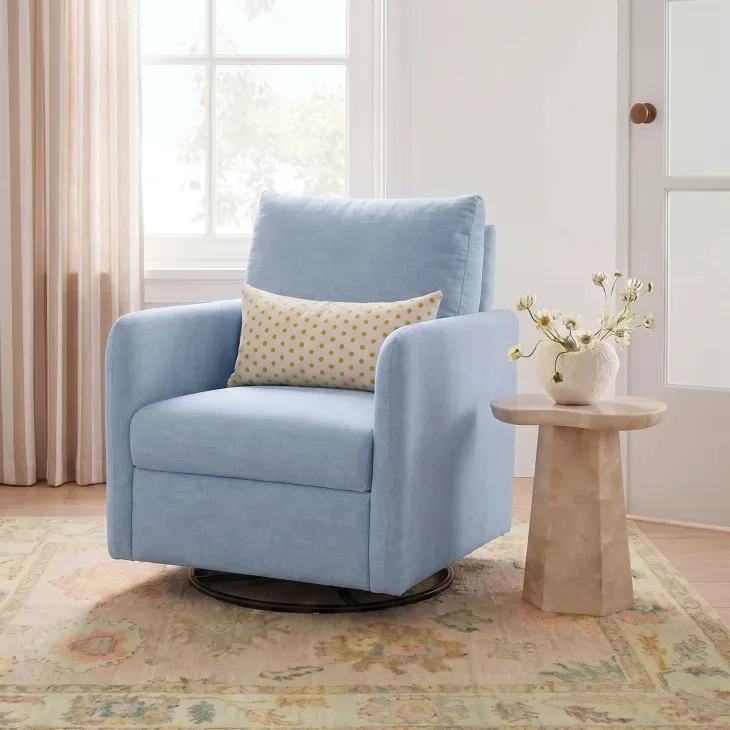 Nancy Chambray Blue Upholstered Swivel Glider Rocker Nursing Chair