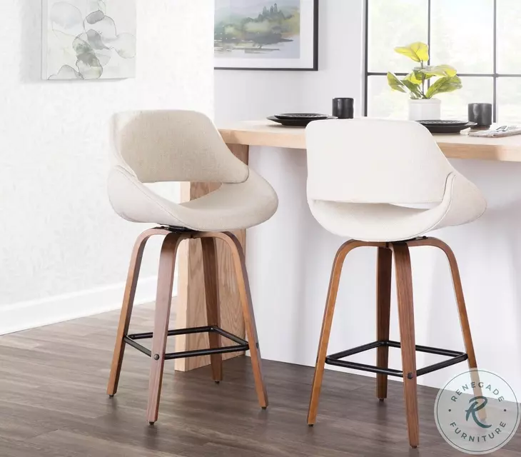 Fabrico Walnut And Cream Swivel Counter Height Stool Set Of 2 with Square Footrest