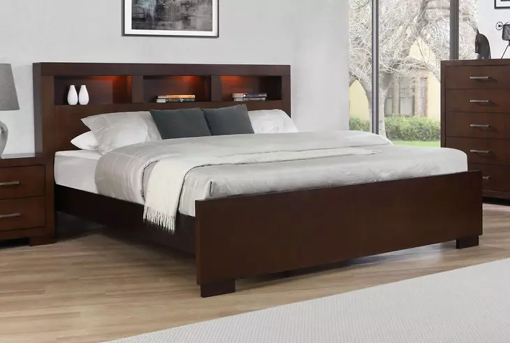 Jessica Cappuccino California King Storage Panel Bed with Bookcase and LED