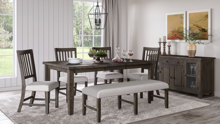 Willow Dark Brown and Beige Upholstered 6 Piece Dining Set with Nailhead Trim and Bench