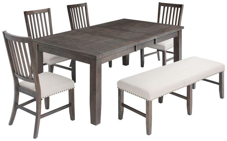 Willow Dark Brown and Beige Upholstered 6 Piece Dining Set with Nailhead Trim and Bench