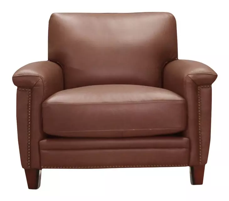 Sherwyn Pecan Leather Upholstered Accent Chair with Nailhead Trim