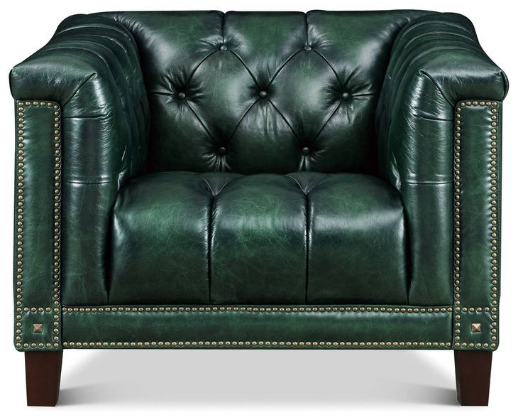 Picavel Green Leather Upholstered Accent Chair with Nailhead Trim