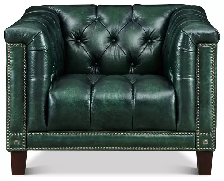 Picavel Green Leather Upholstered Accent Chair with Nailhead Trim