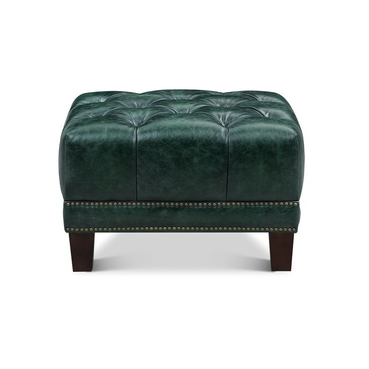 Picavel Green Leather Upholstered Rectangular Ottoman with Nailhead Trim
