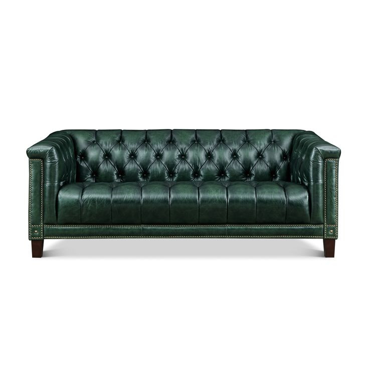 Picavel Green Leather 84" Sofa with Nailhead Trim