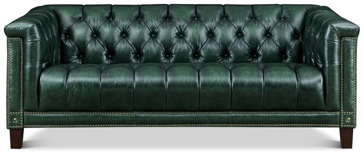 Picavel Green Leather 84" Sofa with Nailhead Trim