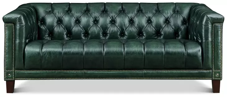 Picavel Green Leather 84" Sofa with Nailhead Trim