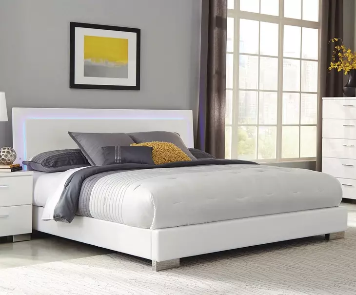 Felicity White California King Upholstered Panel Bed with LED