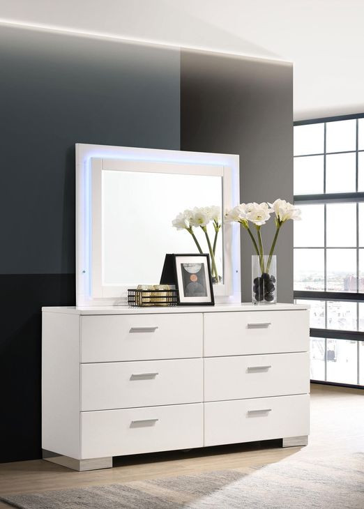 Felicity White High Gloss 6 Drawer Dresser with LED Mirror