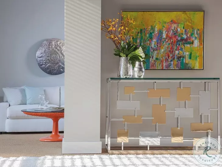 Signature Designs Stainless Steel And Brass Cityscape Console Table